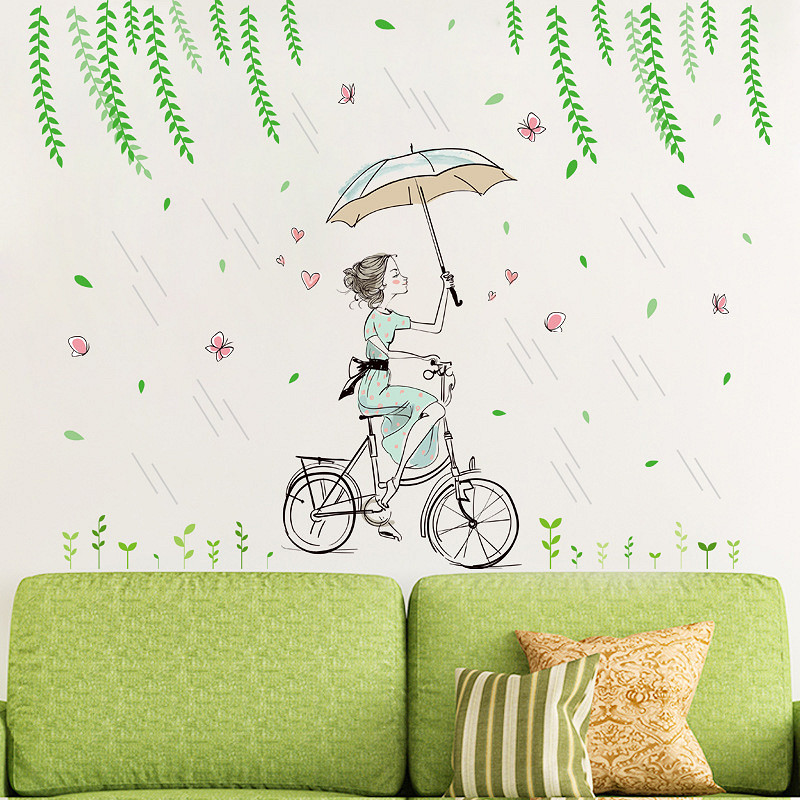 Decal dán tường cô gái che ô trong mưa cho bé ZOOYOO XL7220