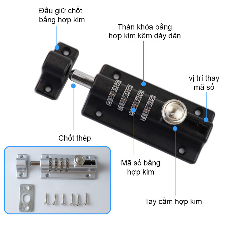 Chốt cửa có khóa số, với 4 mã có thể thay đổi được, bằng hợp kim chắc chắn, chống nước