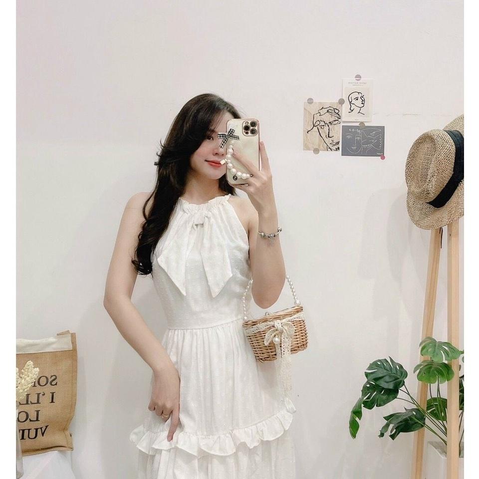 Đầm Cổ Yếm Bèo Tầng Cột Nơ Cổ