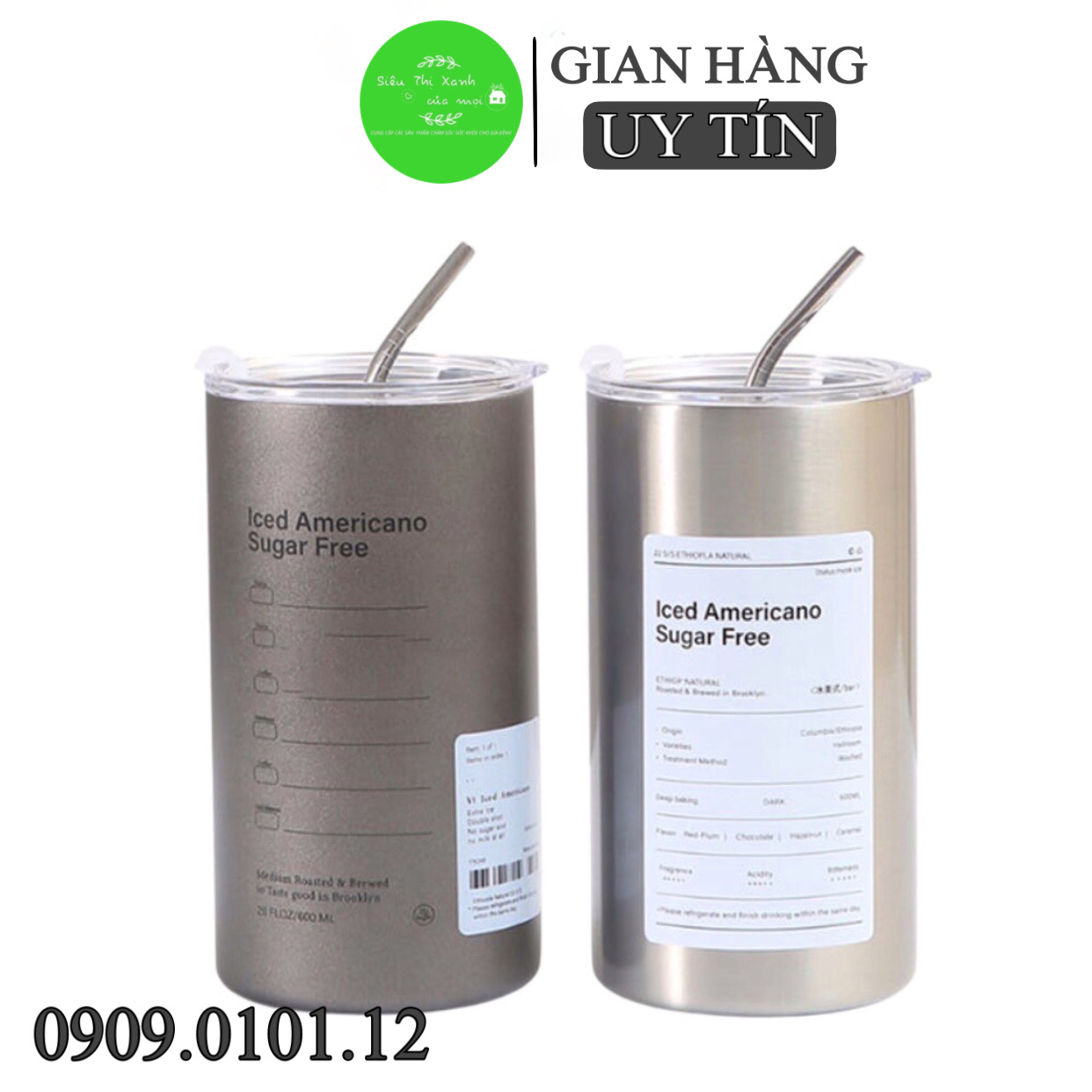 Cốc giữ nhiệt có ống hút, ly giữ nhiệt iced americano thép không gỉ 600ml