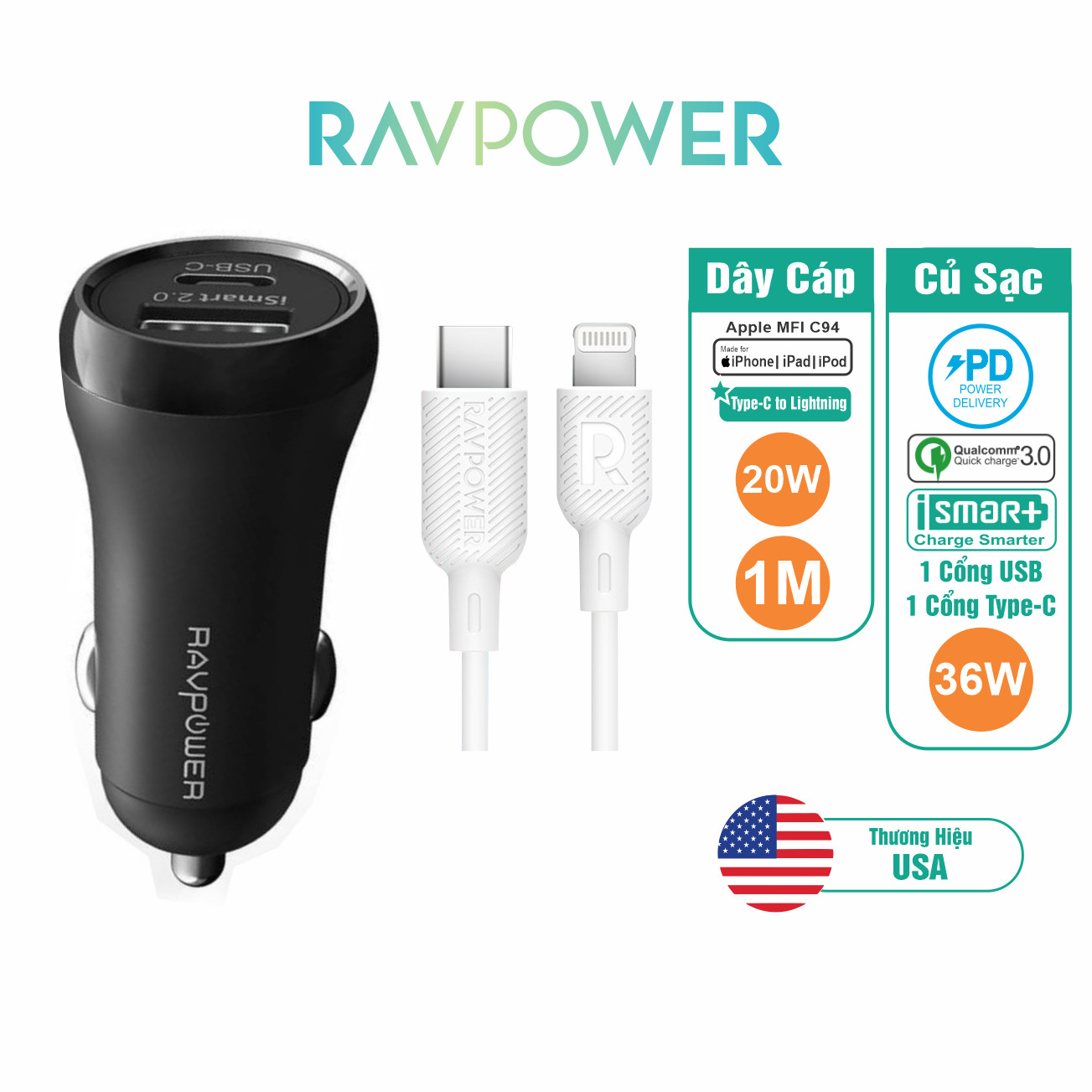 Combo Củ Sạc Ô Tô 36W PD Và QC RP-PC091 Và Cáp USB Type C to Lightning MFI C94 20W RAVPower RP-CB054 - Hàng Chính Hãng