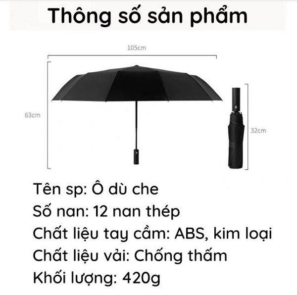 Ô, Dù Che Mưa, Che Nắng 12 Nan Tự Động Gấp Gọn Đóng Mở 2 Chiều, Chống Tia UV