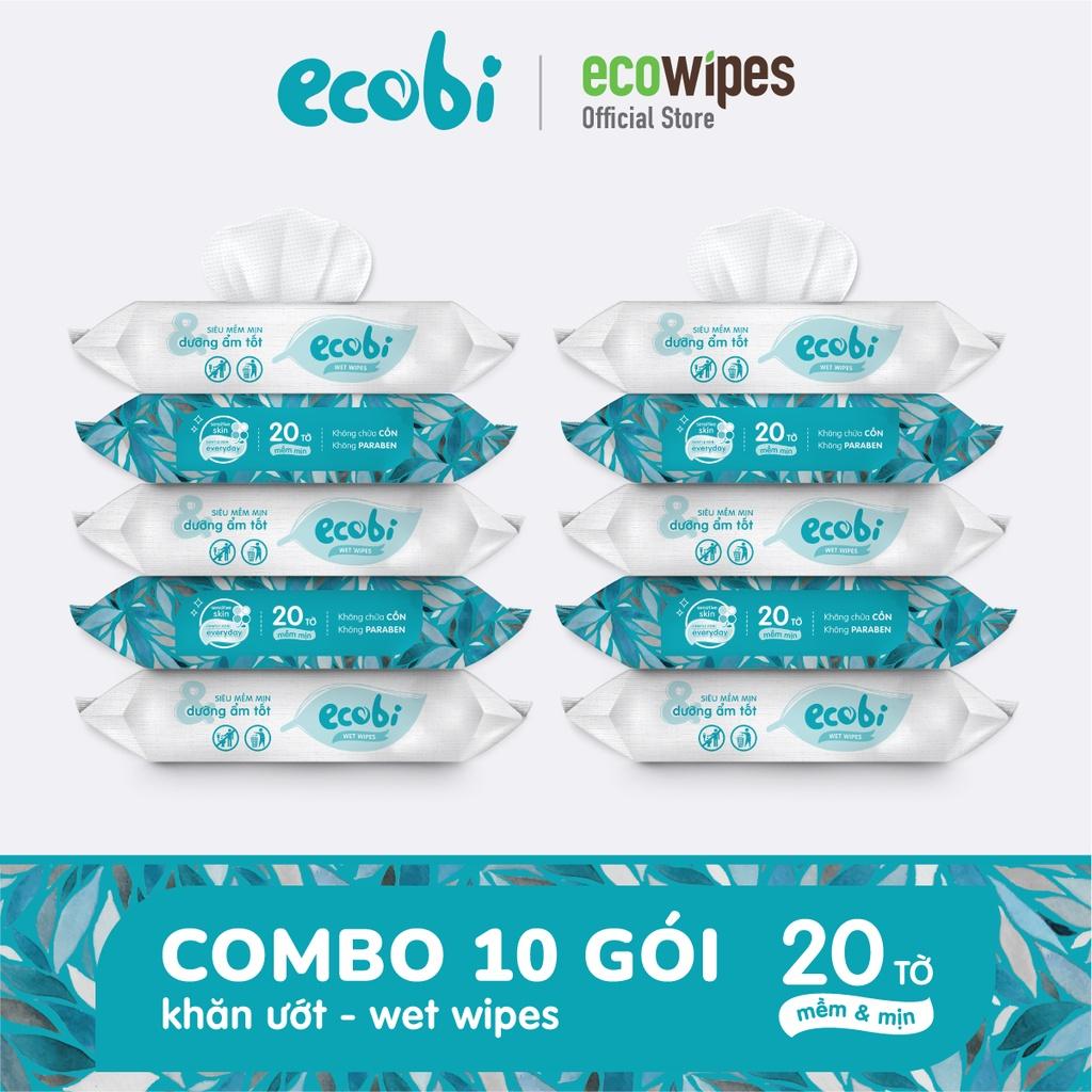 Combo 10 gói khăn giấy ướt cho bé Ecobi gói 20 tờ không mùi không cồn không paraben an toàn cho trẻ