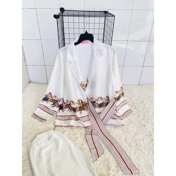 Đồ bộ ngủ tay dài pijama mặc nhà kiểu dáng thắt nơ kimono trơn đơn giản dưới 60kg