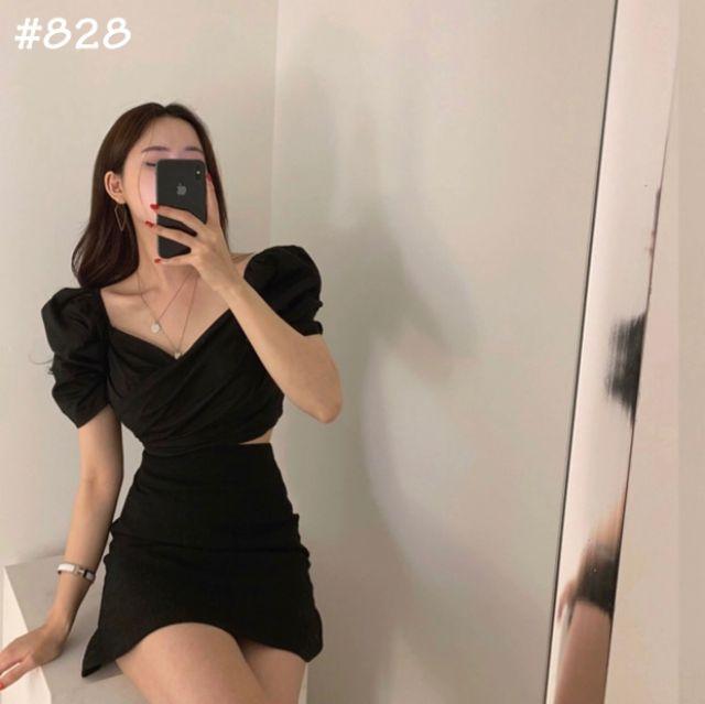 Áo crop tay phồng đắp chéo