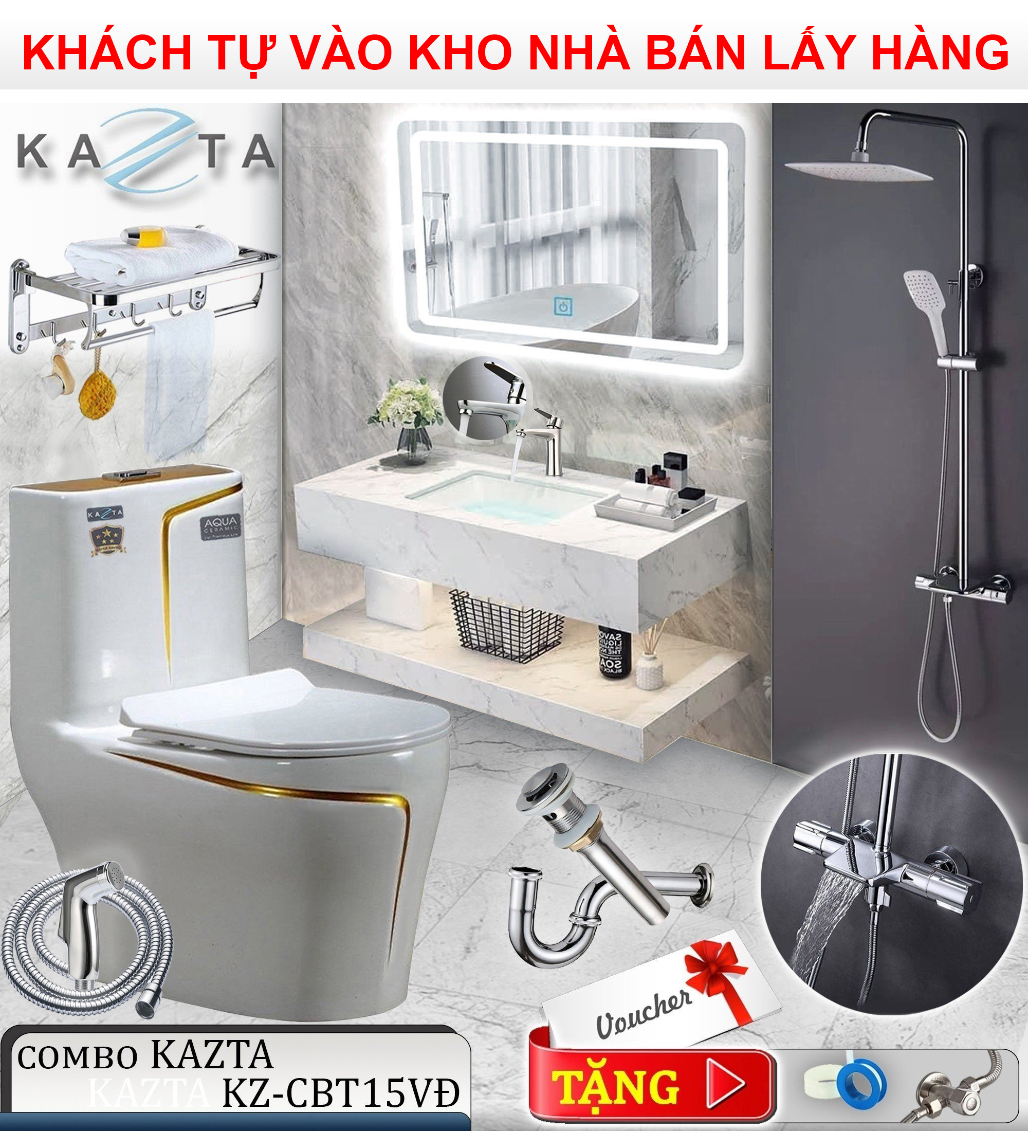 Combo Thiết Bị Nhà Tắm Cao Cấp KAZTA KZ-CBT15VĐ: Bồn Cầu 1 Khối Viền Vàng - Sen Tắm Chỉnh Nhiệt - Gương LED - Lavabo Bàn Đá 2 Tầng - Vòi và phụ kiện