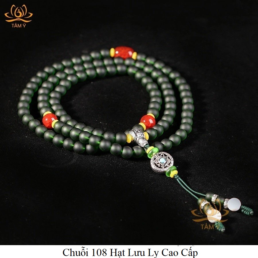 Chuỗi 108 Hạt Lưu Ly Cao Cấp Đặc Biệt Màu Xanh Lục , Xanh Tara Lục Độ Mẫu Pháp Bảo Kim Cang Thừa Mật Tông Tâm Ý