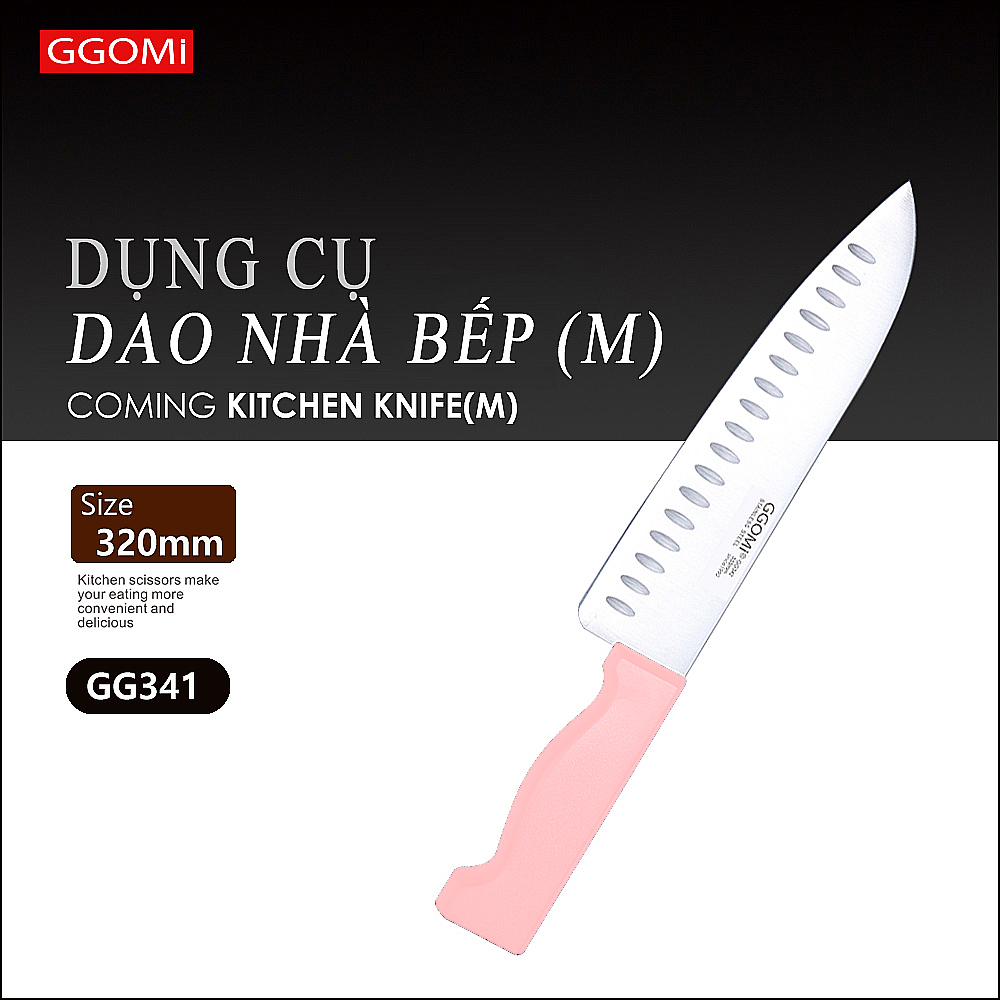 [HÀNG CHÍNH HÃNG]Dao nhà bếp cỡ trung dài 32cm, chiều dài lưỡi 20cm, bằng thép không gỉ GGOMi Hàn Quốc GG341 màu hồng phấn