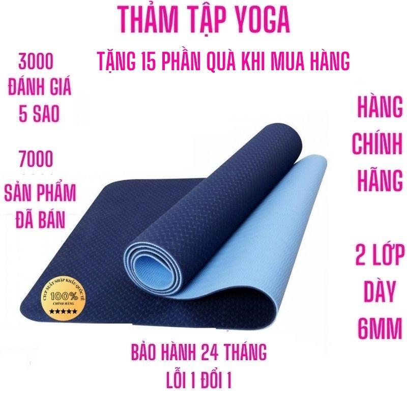Thảm tập yoga gym thể dục chống trượt tại nhà tpe cao cấp 2 lớp dày 6mm cao su du lịch dây túi chính hãng BH 12 tháng