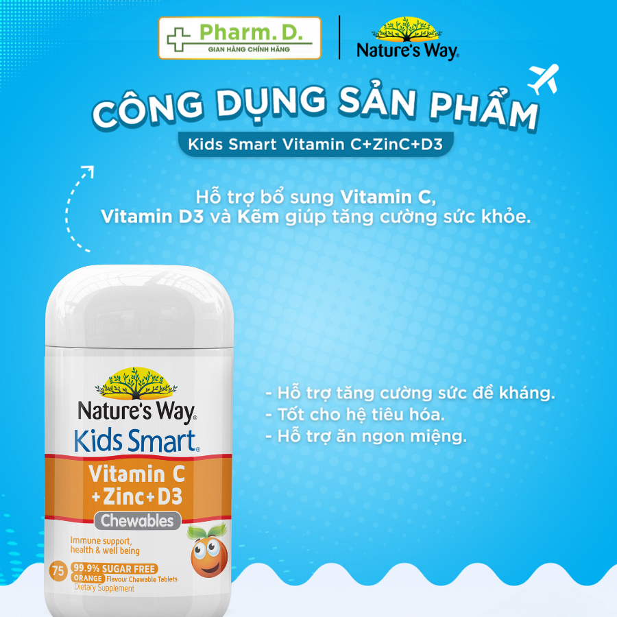 Kẹo Nhai NATURE'S WAY Kids Smart Chewable Giúp Bổ Sung Vitamin C, Kẽm Và Vitamin D3 Cho Bé (Hộp 75 Viên)