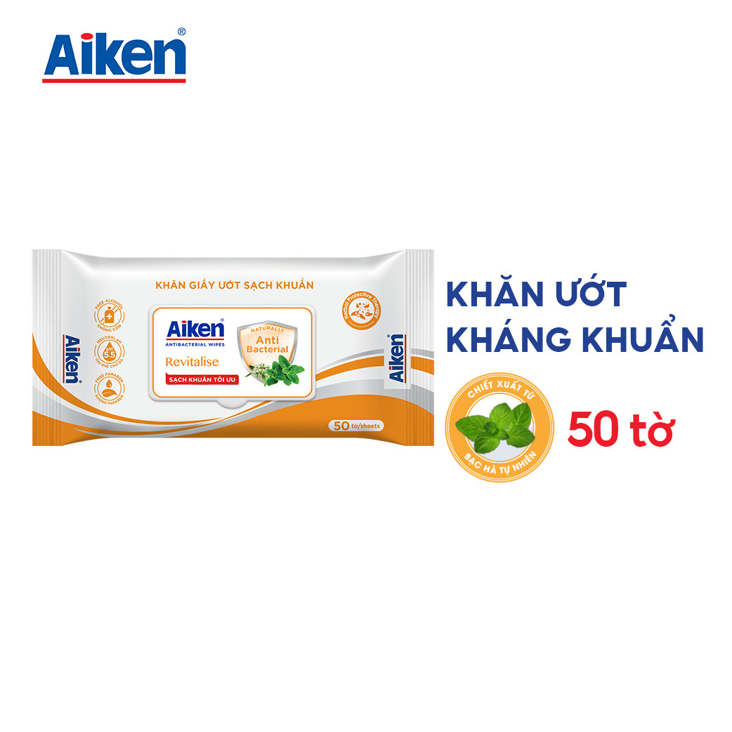 Aiken Khăn Ướt Sạch Khuẩn Chiết Xuất Bạc Hà 50 Tờ