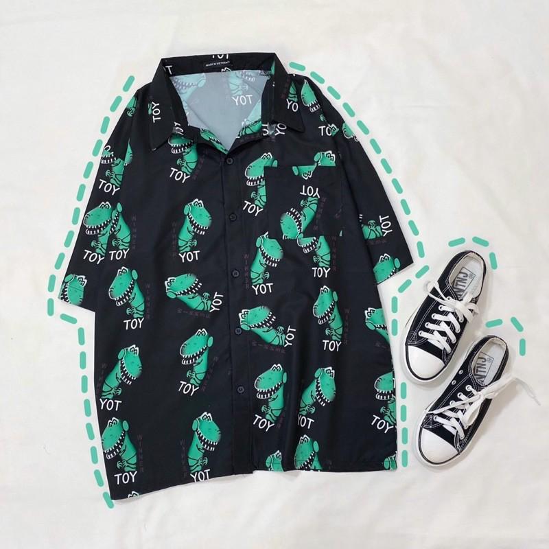 Áo sơ mi hoạ tiết khủng long tay lở dáng rộng unisex nam nữ, áo sơ mi đi biển, áo sơ mi nhóm, Áo sơ mi in hình