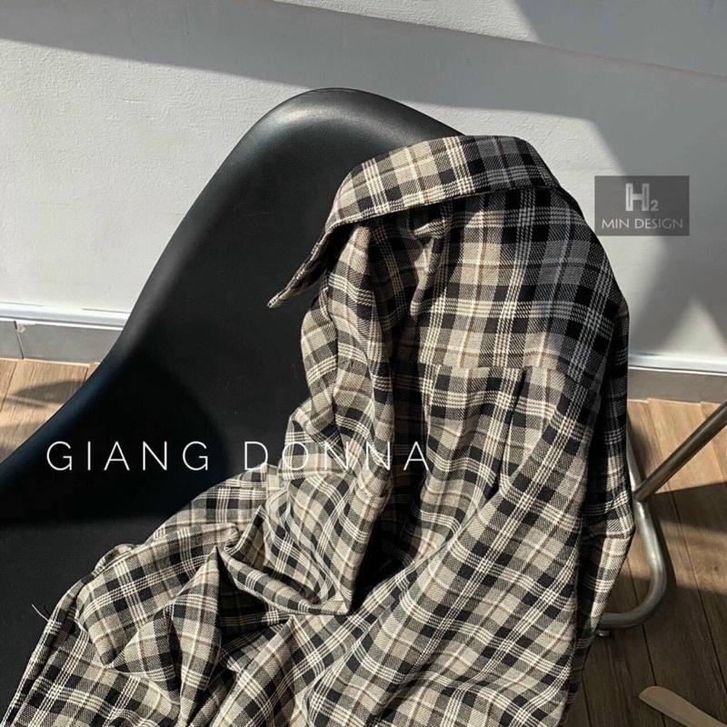 Áo sơ mi nữ form rộng tay dài kẻ caro Banamo Fashion Áo sơ mi kẻ 2 túi ngực unisex 3918