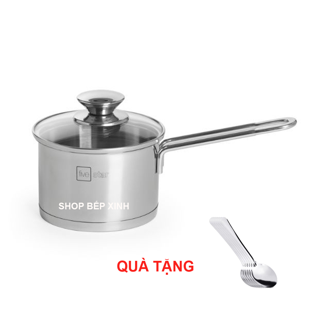 Quánh Nấu Bột Cháo Cho Bé Inox 430 Bếp Từ 3 Đáy Fivestar 12 - 16 Cm Nắp Kính Tặng 5 Muỗng Ăn Inox - 14 Cm