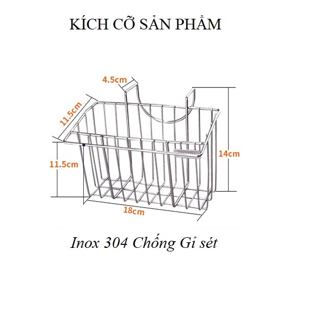 Khay Đựng Giẻ Rửa Bát Inox 304 Treo - Giá để đồ trên chậu rửa bát gắn thành bồn tặng Móc chìa khóa Thước dây tiện dụng