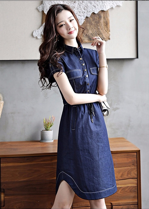 Đầm Jean Nữ Ngắn Tay Cổ Bẻ Lai Bầu