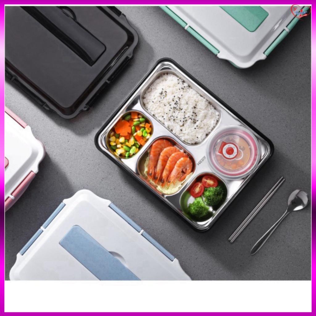 Hộp cơm văn phòng khay Inox 5 ngăn, có giá để điện thoại