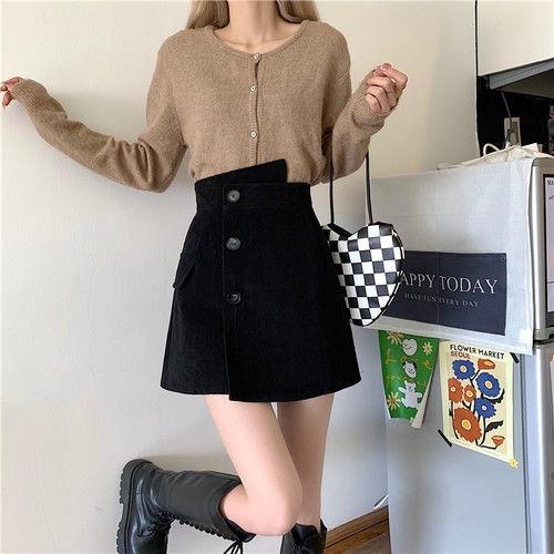Chân Váy Chữ A Ngắn CHIPY Chất Nhung Tăm Giả Váy Phong Cách Hàn Quốc Ulzzang Kiểu Vintage Màu Kem Đen Bò Siêu Dễ Thương