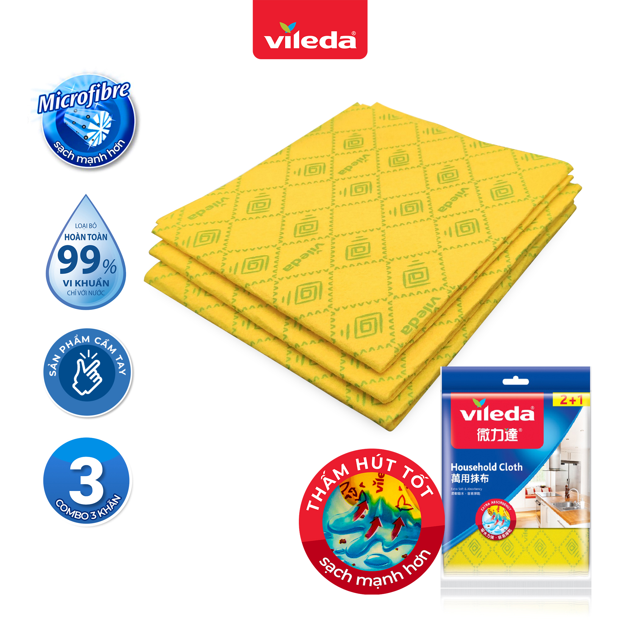 Khăn lau đa năng siêu thấm VILEDA gói 3 cái, vải sợi microfibre, không rách, không để lại vệt - TSU156137