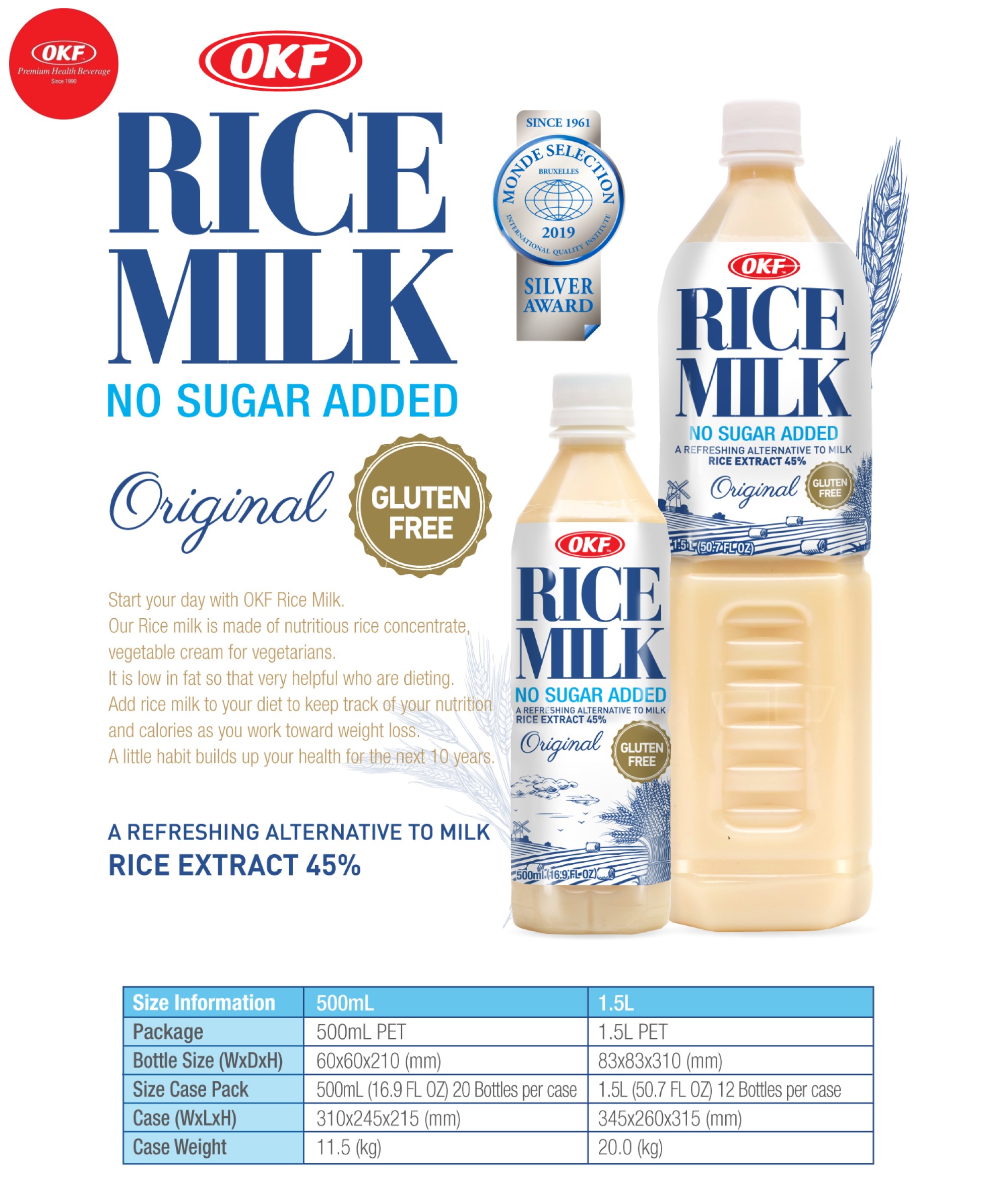 Sữa gạo không đường RICE MILK OKF Hàn Quốc 500ml X 20 CHAI