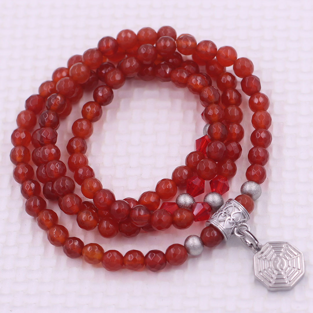Vòng chuỗi 108 hạt mã não đỏ cắt giác 6 ly charm bát quái inox - vòng chuỗi niệm Phật, vòng tay chuỗi hạt