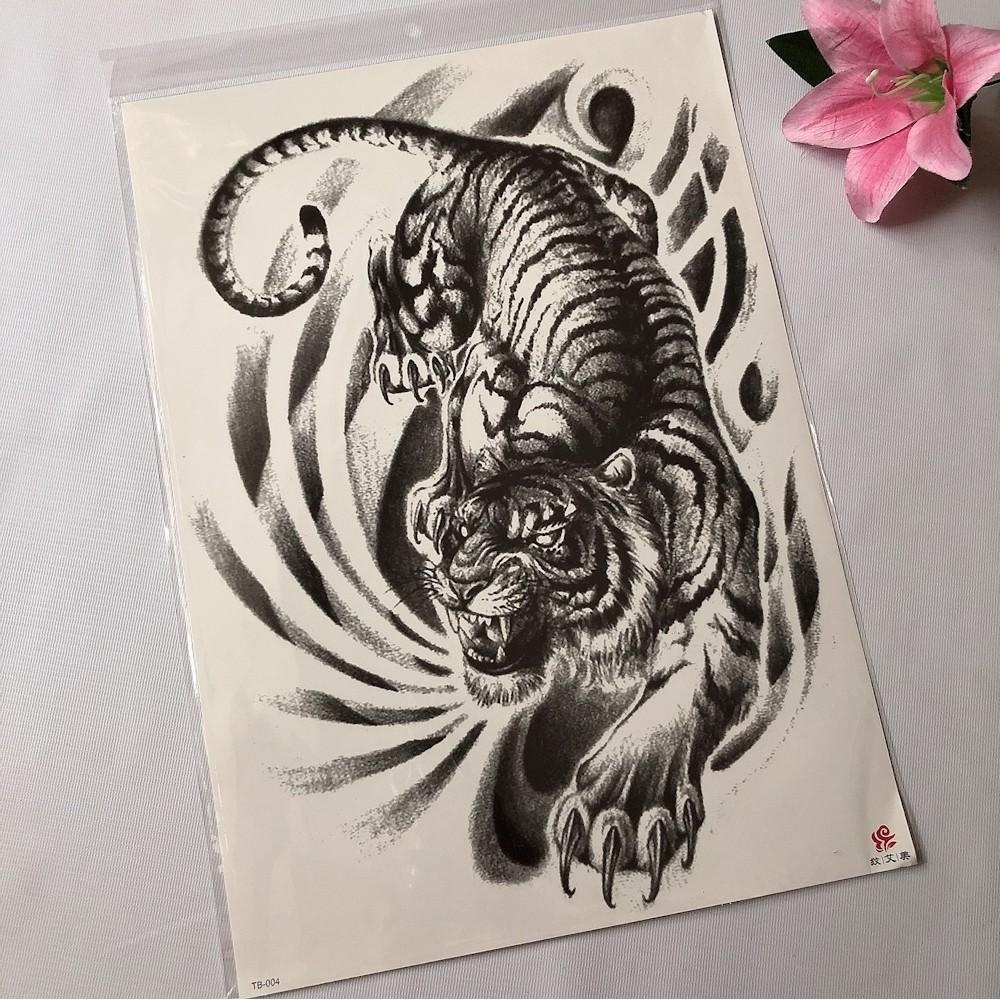 Hình xăm dán kín lưng cao cấp mãnh hổ săn mồi trắng đen 34x48cm