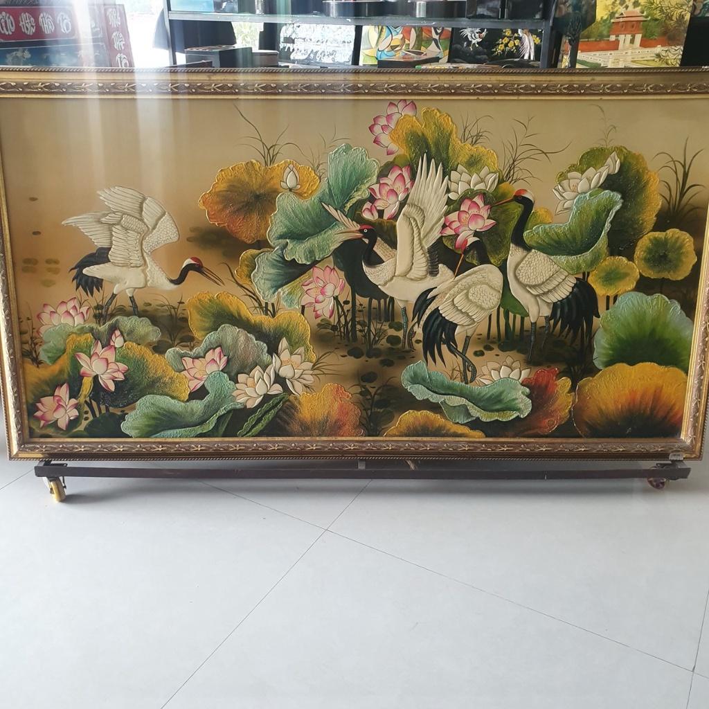 Tranh sơn mài Sen Hạc đắp nổi hàng xuất khẩu 80x160 cm trang trí nhà cửa, quà tặng tân gia, khai trương ý nghĩa