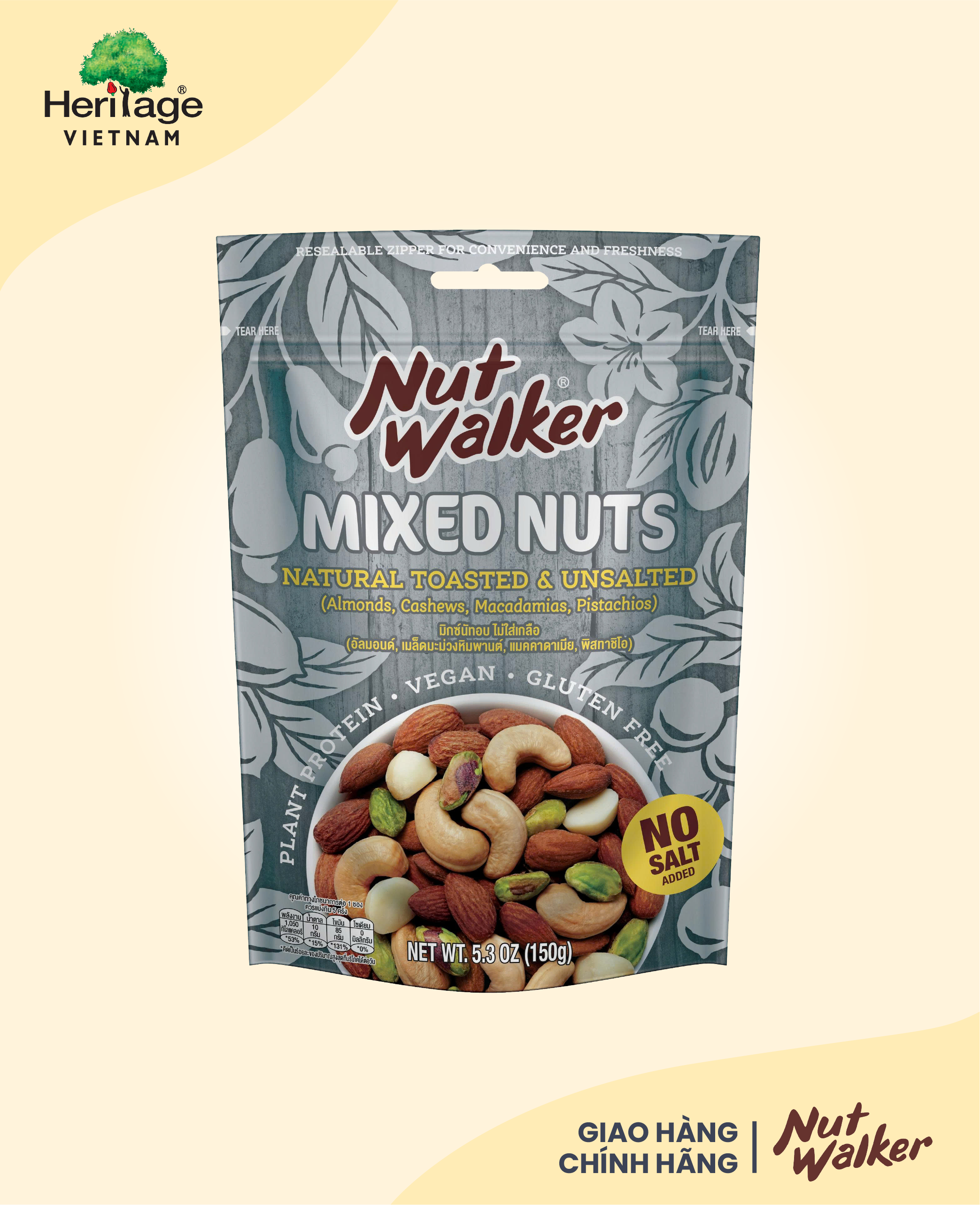 Nut Walker - Gói 150gr Hỗn hợp hạt khô rang không muối (Natural Toasted &amp; Unsalted Mixed Nuts)