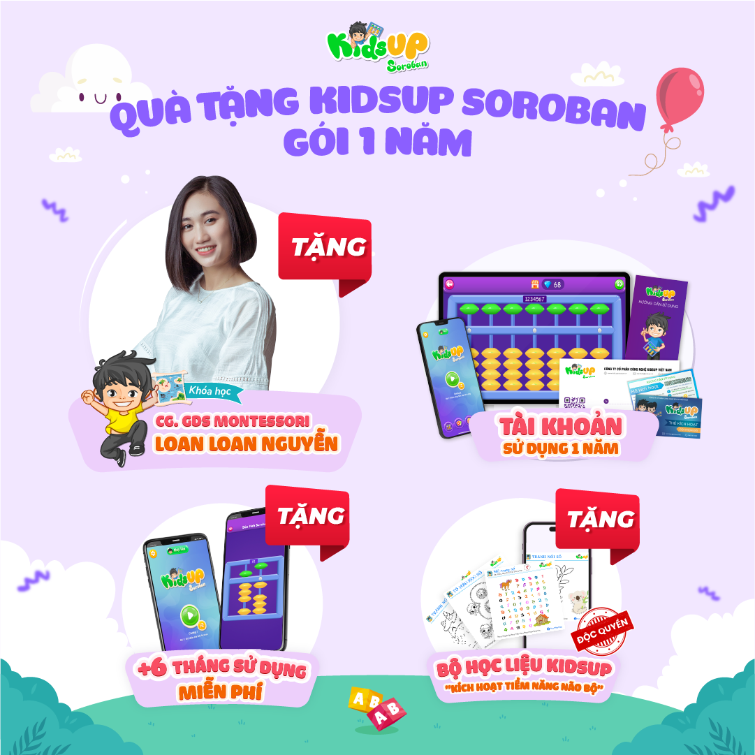 Thẻ học Kids Up - KidsUP Soroban Toán tư duy - Gói 1 năm tặng 6 tháng miễn phí