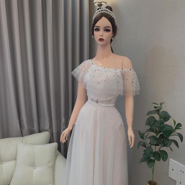 Đầm Maxi xoè lưới bẹt vai kết cườm treo -MS33Y- Size M L đến 58kgMM MM