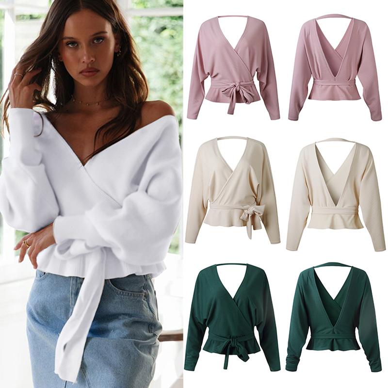 New Sexy Women Winter Sweater Solid Color Deep V Neck Backless Tie Waist Spring Fall Knitwear