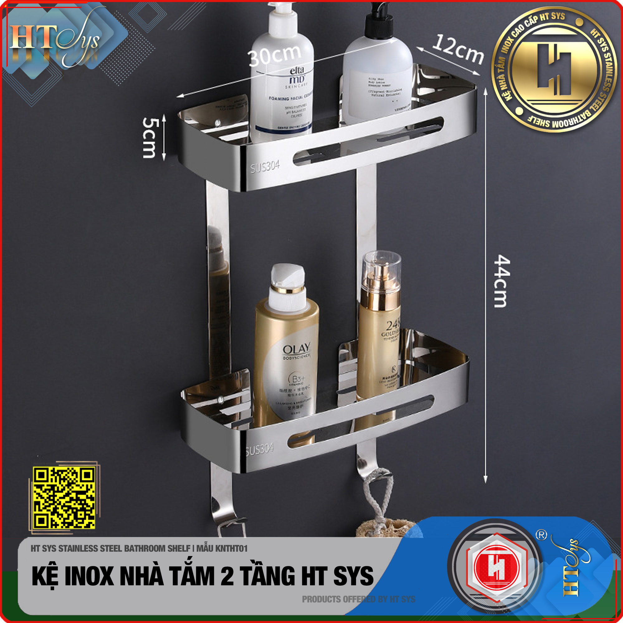 Kệ nhà tắm inox 304 HT SYS - Kệ để đồ phòng tắm 2 tầng đa năng - Chất liệu inox 304 cao cấp - Tích hợp móc treo đồ - LOẠI DÀY - Hàng Chính Hãng