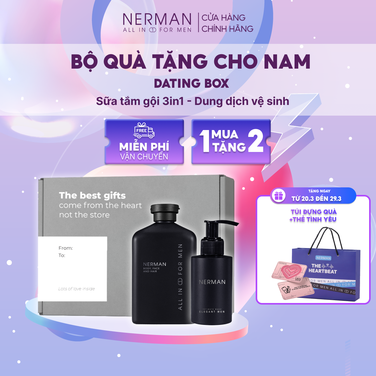 Bộ quà tặng cho nam DATING BOX - Sữa tắm gội Gentleman 3in1 hương nước hoa cao cấp 350ml &amp; Gel vệ sinh nam Elegant 50g