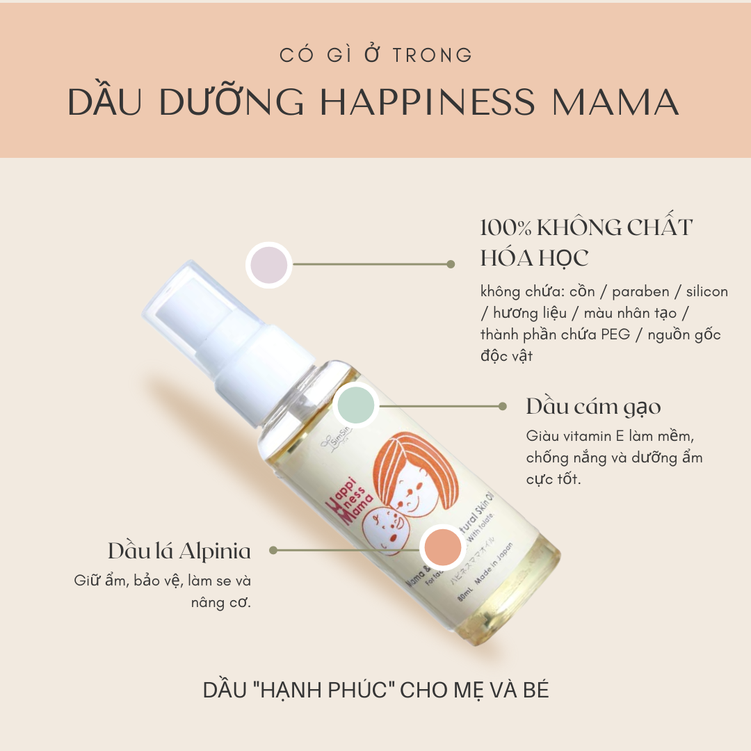 Dầu Dưỡng Da Nhật Bản Cho Mẹ Và Bé Happiness Mama Oil, Chiết Xuất Từ Thiên Nhiên, Dưỡng Ẩm Mềm Mại, Làm Giảm Rạn Da