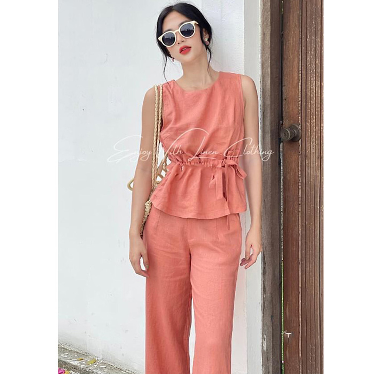 Set bộ linen quần đứng kèm áo ghile nhún bèo trẻ trung