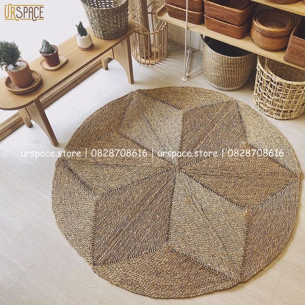 Thảm cói trải sàn URSPACE hình tròn trang trí phòng khách đường kính 120 cm