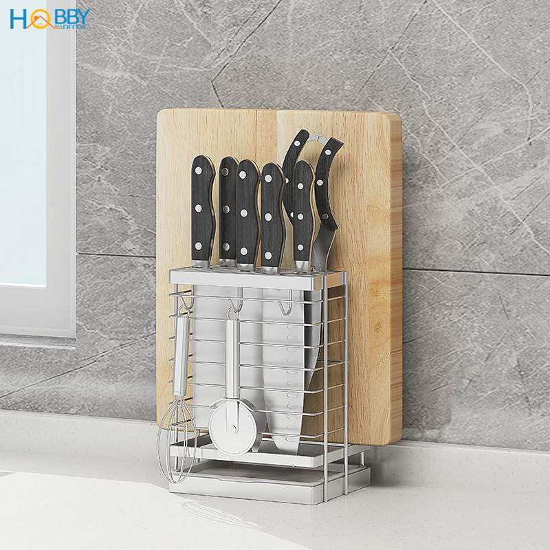 Kệ cắm dao thớt kèm 3 móc treo đồ Hobby Home Decor DD2N3 chuẩn Inox 304 không rỉ sét - kèm khay hứng nước