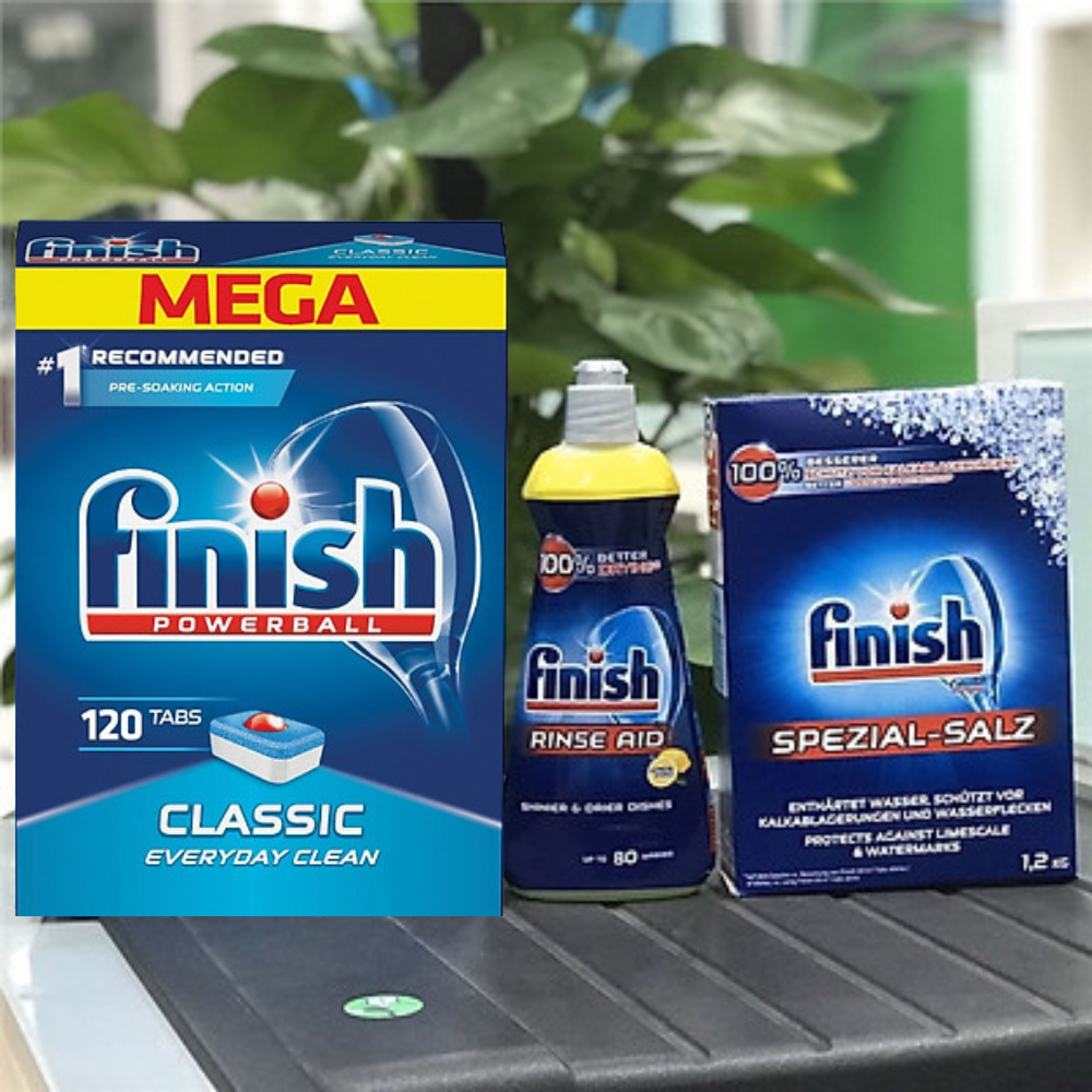 Combo 120 viên rửa bát finish + muối Finish 1.2kg + Nước làm bóng Finish 400ml dùng cho máy rửa bát