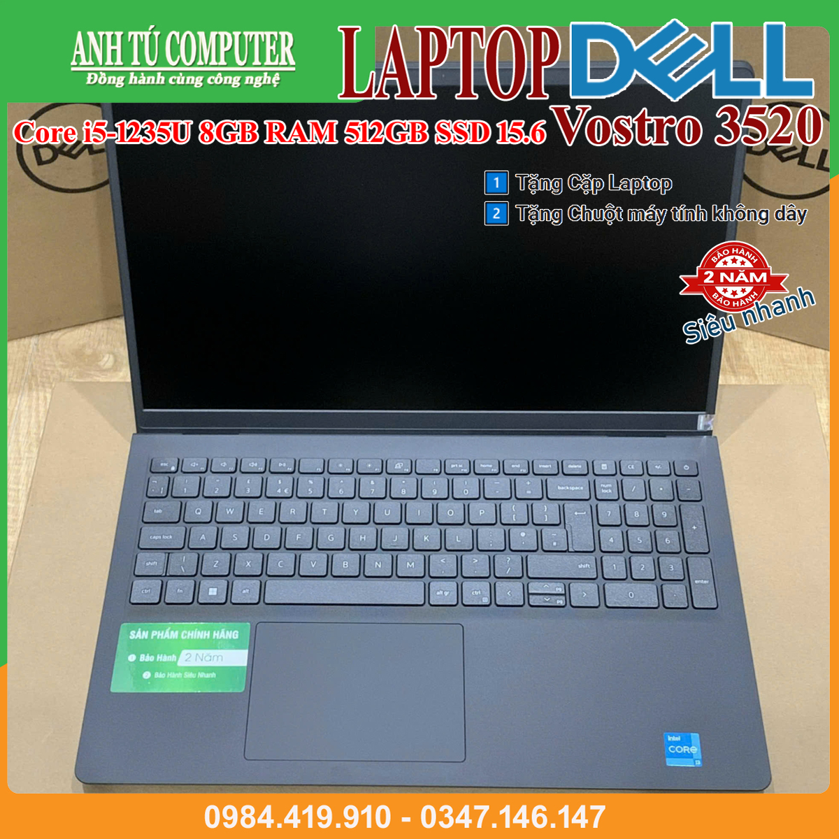 Laptop Dell Vostro 3520 Core i5-1235U 8GB RAM 512GB SSD 15.6″ FHD Black Hàng chính hãng