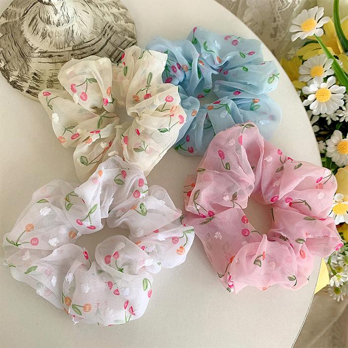 Sét 2 dây buộc tóc voan cherry Scrunchies tinh tế vòng lớn HD43