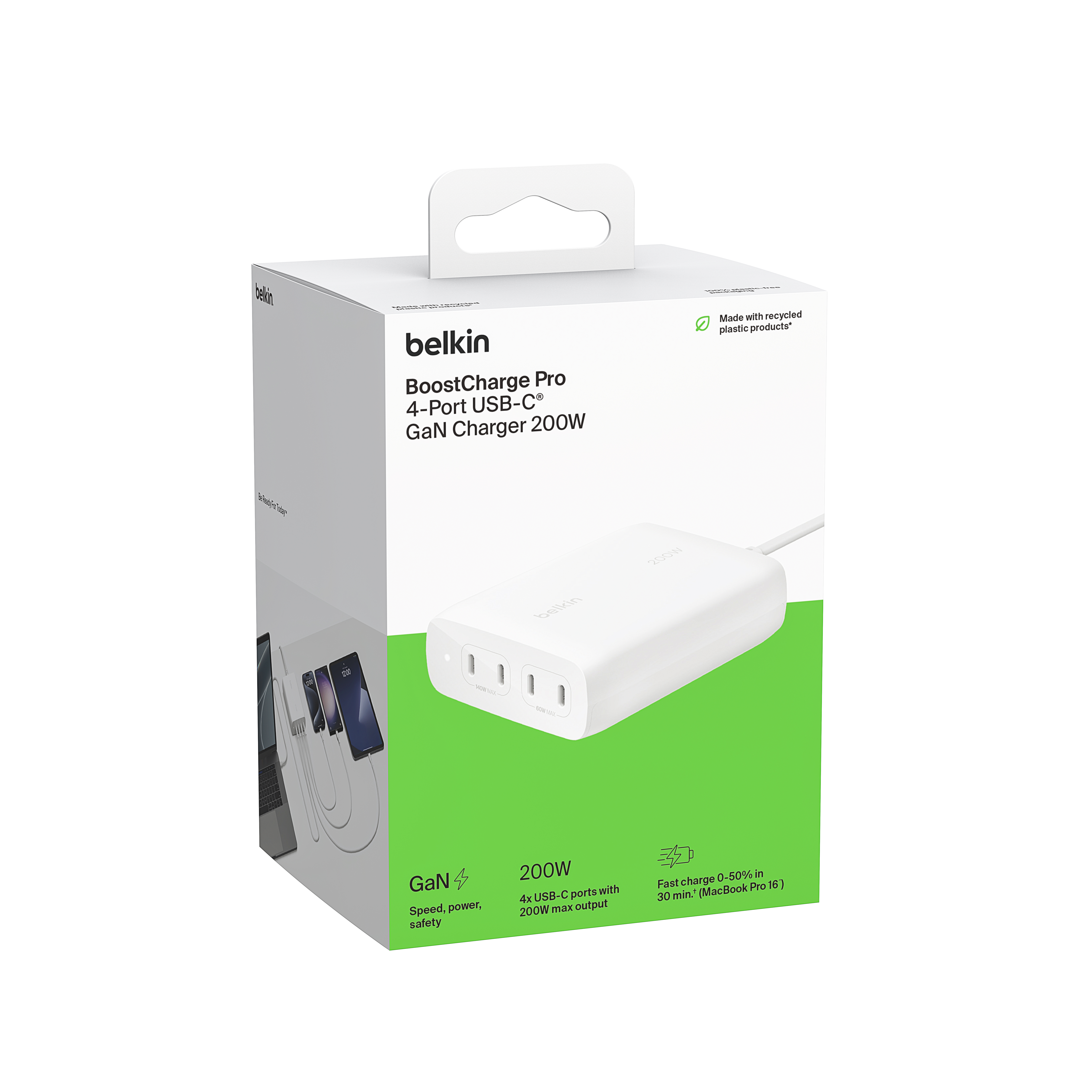 Adapter sạc nhanh 200WBelkin 4 cổng USB-C PD 3.0 GaN màu trắng - Hàng chính hãng