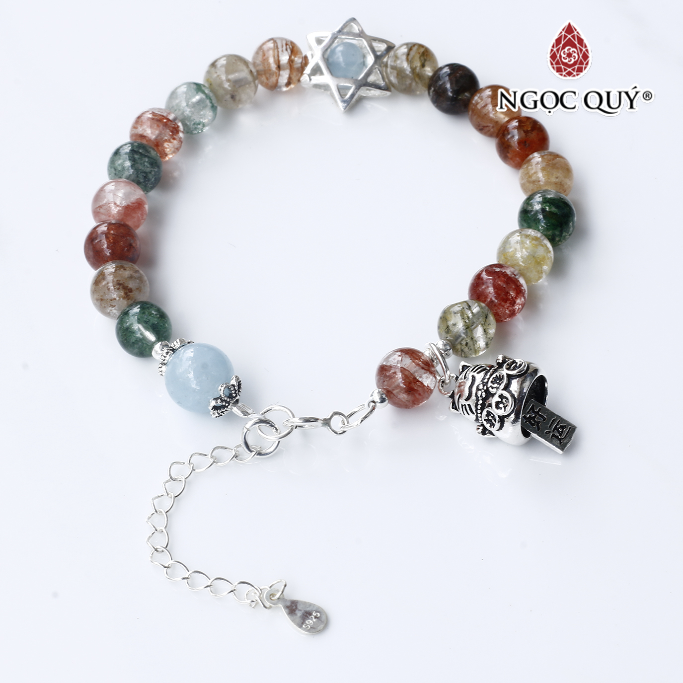 Vòng đá thạch anh ưu linh đa sắc charm mèo bạc - Ngọc Quý Gemstones