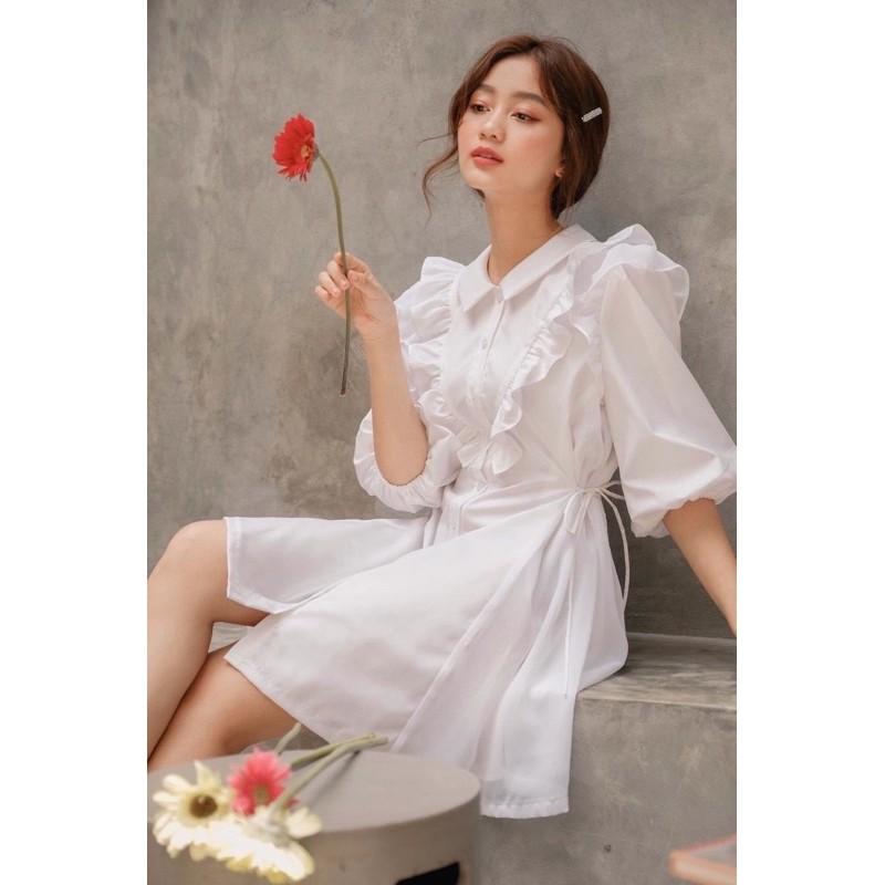 Đầm váy trắng phối bèo tay lỡ (kèm hình thật)