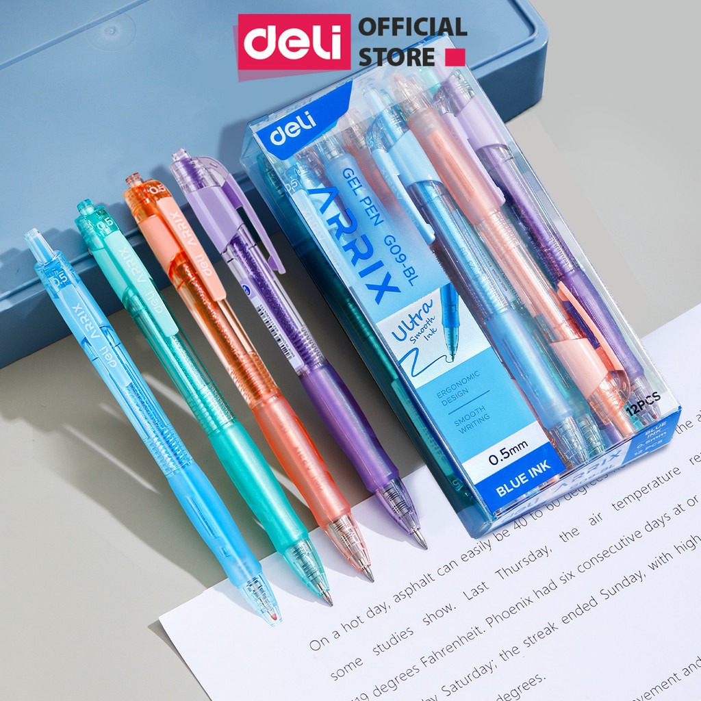 Bút Gel Bút Bi Nước Màu Pastel Phối Nhũ Ngòi 0.5mm Deli - Bút Bi Nước Mực Đều Viết Trơn Tru Văn Phòng Phẩm Cao Cấp
