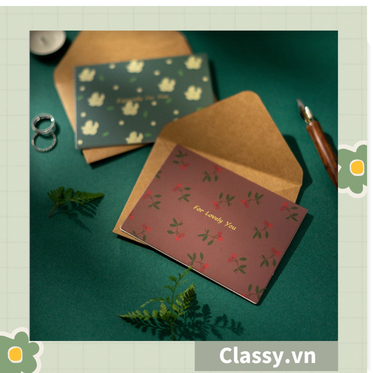 Thiệp Cổ điển Vintage in họa tiết hoa nhí giấy art sang trọng kèm phong bì giấy kraft nâu Q724