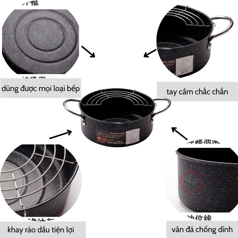 Nồi Chiên Emoojoo Nhật Size 20CM, Vân Đá Chống Dính – Dùng Trên Mọi Loại Bếp