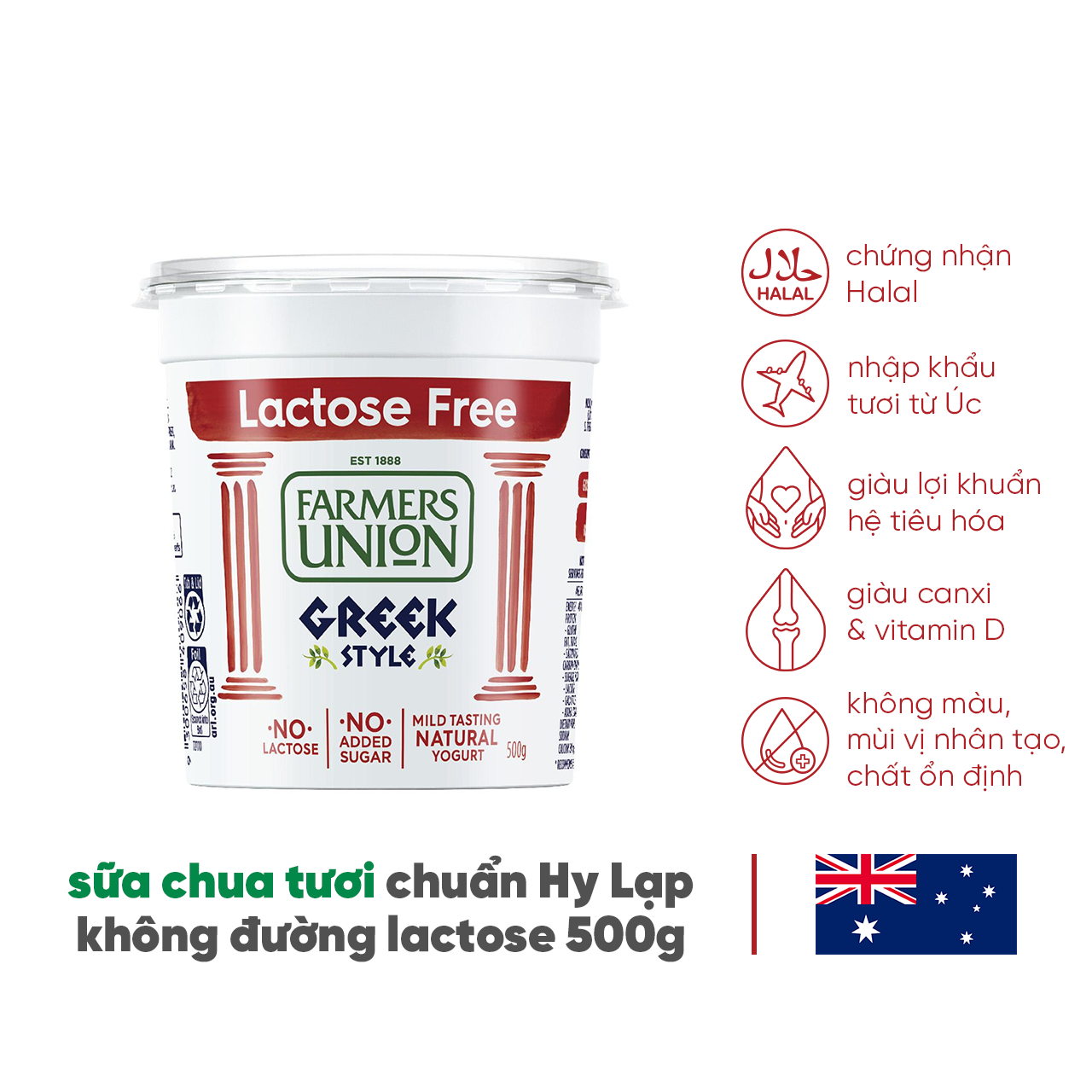 Sữa chua hy lạp tách đường lactose Farmers Union greek style lactose free yogurt hũ 500g