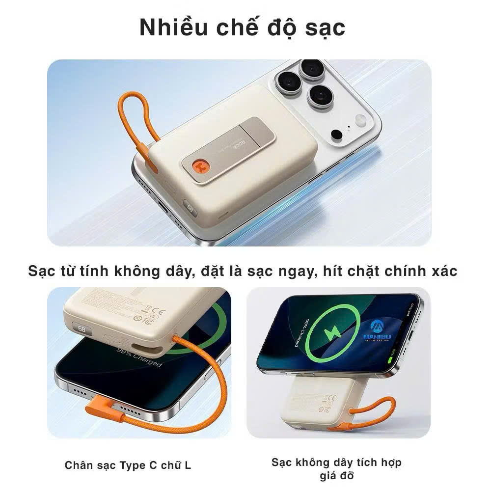 Pin sạc dự phòng không dây 10000mAh kiêm giá đỡ điện thoại Rockspace P28 Pro sạc nhanh 22.5W Magnetic Wireless tích hợp cáp - hàng chính hãng bảo hàng 12 tháng