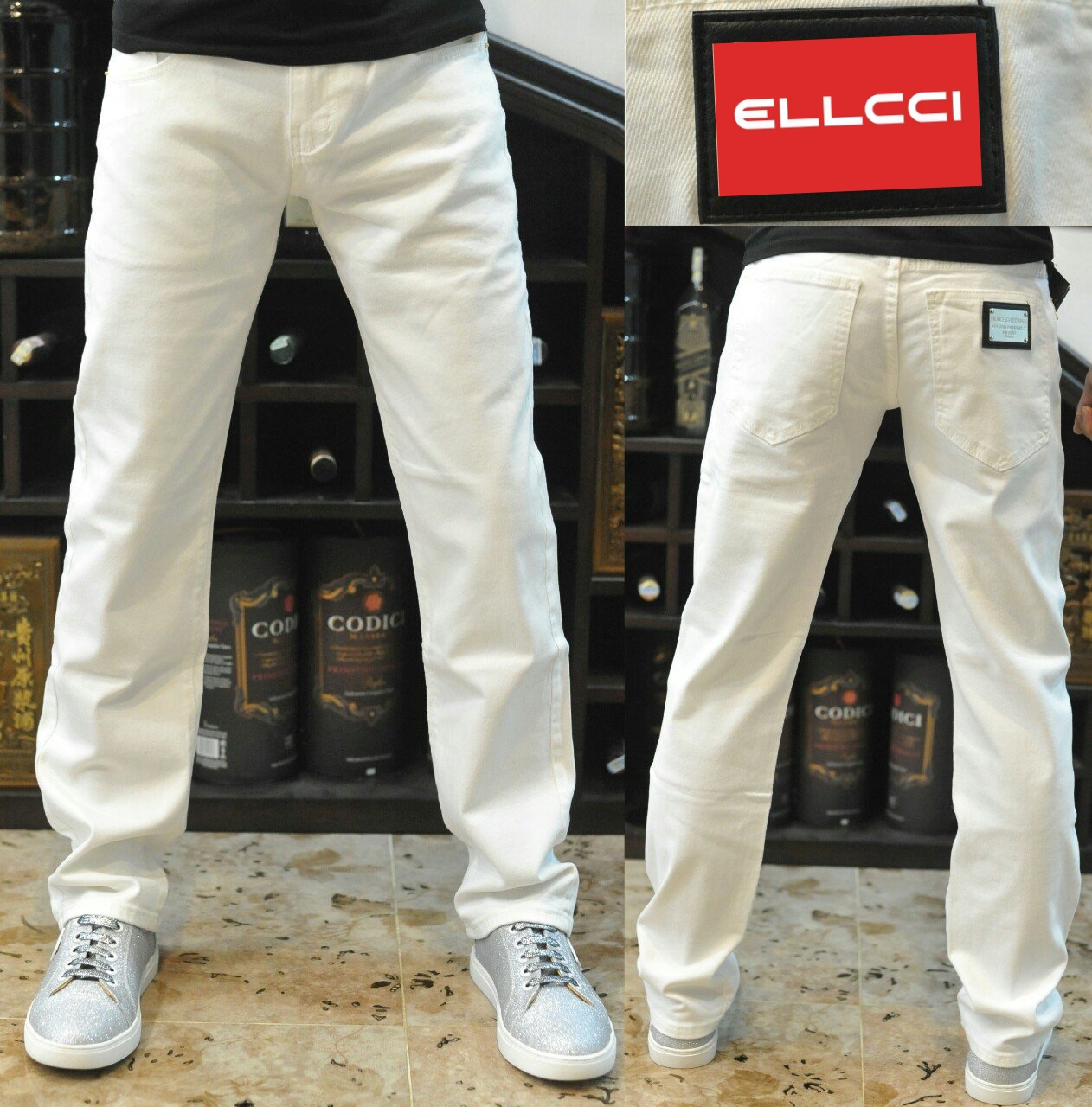 Quần jean nam ống suông màu trắng tag thép sau túi sang trọng, chất liệu cao cấp - cam kết sản phẩm như ảnh chụp - Shop quần bò nam đẹp ELLCCI