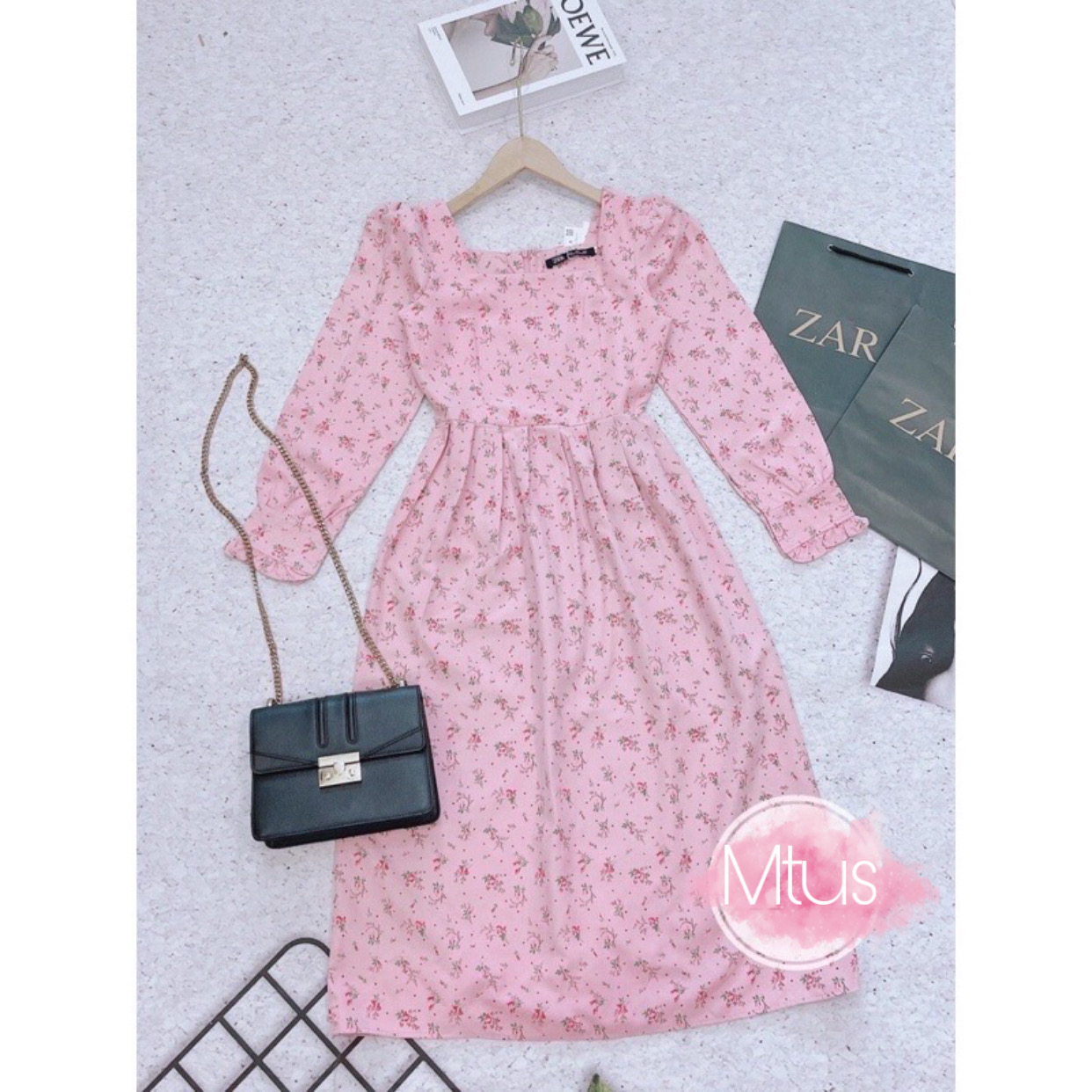 Đầm nhung hoa nhí cổ vuông vintage hàn quốc - váy babydoll nhung tiểu thư